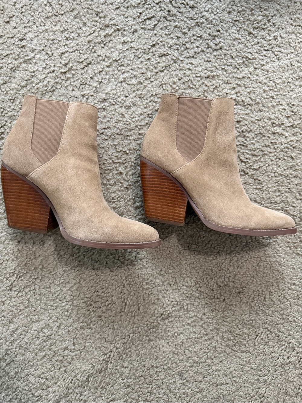 Suede Chelsea Block Heel Ankle Boots in Beige